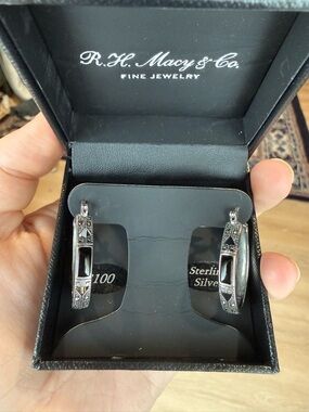Macy's Sterling Silver Black Marquise Hoop Earrings